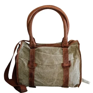 Mint and Brown Canvas and Leather Large Handbag Tote
