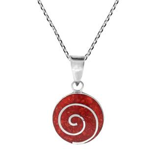 Red Coral Spiral Disc .925 Sterling Silver Necklace (Thailand)