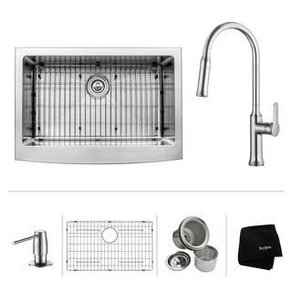 KRAUS 30 Inch Farmhouse Single Bowl Stainless Steel Kitchen Sink with Nola Pull Down Kitchen Faucet and Soap Dispenser