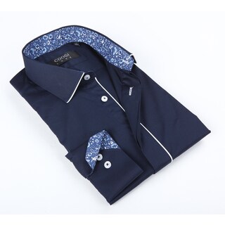 Coogi Luxe Men's Blue Solid with Floral Trim In Collar Button-up Dress Shirt