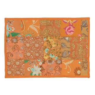 Timbuktu Hand Crafted Patwork Design Orange Cotton and Poly Recyled Sari Placemats (Set of 4)