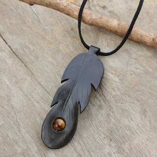 Leather 'Feather Spirit in Black' Tiger's Eye Necklace (Thailand)