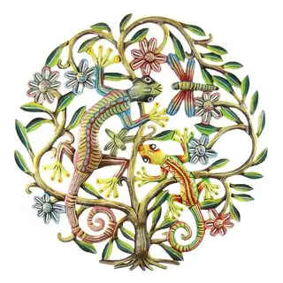 24-Inch Painted Tree of Life with Geckos Metal Wall Art (Haiti)