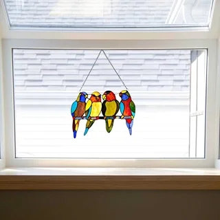 10.5" H Stained Glass Tropical Birds Window Panel