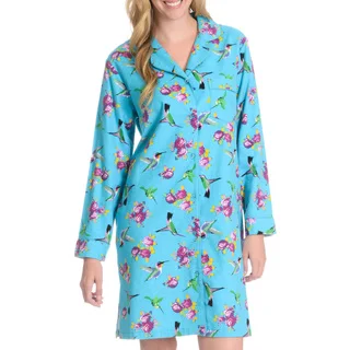 La Cera Women's Hummingbird Print Button Front Night Shirt