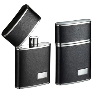 Visol Flip Top Black Leather Stainless Steel Liquor Flask - 2.5 ounces