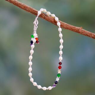 Sterling Silver 'Peaceful Purity' Pearl Multi-gem (5mm) Anklet (India)
