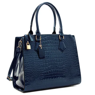 Dasein Patent Faux Leather Croco Embossed Chain Strap Satchel