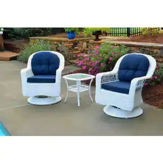 Biloxi Outdoor White Resin Wicker 3-Piece Swivel Glider Set with Blue Cushions