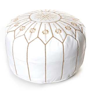 Moroccan Flower Leather Pouf- Round White Embroidered Ottoman (Morocco)