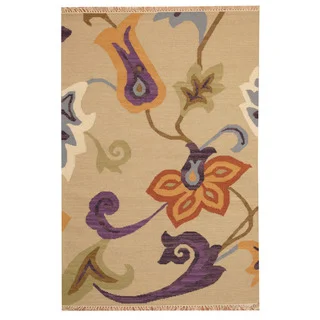 Herat Oriental Indo Hand-woven Vegetable Dye Tribal Kilim Tan/ Purple Wool Rug (4' x 6')