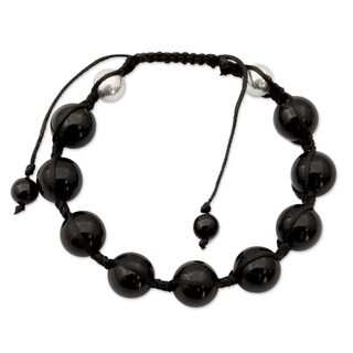 Handcrafted Sterling Silver 'Moonlit Protection' Onyx Bracelet (India)