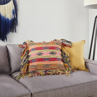 Woven Bohemian Fringe Multi Down Feather or Polyester Filled 18-inch Throw Pillow or Pillow Cover