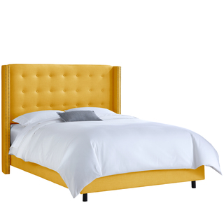 Skyline Furniture Nail Button Tufted Wingback Bed in Linen French Yellow