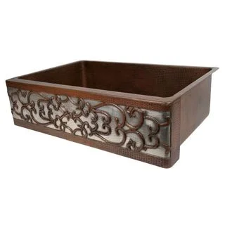 Copper Apron Front 33-inch Single Basin Kitchen Sink with Scroll and Nickel Background
