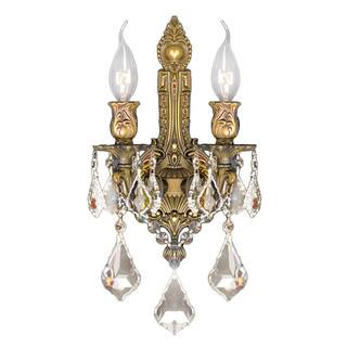 Traditional French Style 2 light French Gold Finish and Golden Teak Crystal Medium Wall Sconce 12" W