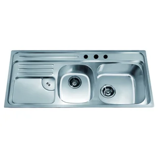 Dawn Top Mount Double Bowl Sink with Integral Drain Board and 3 Holes (large Bowl On Right)