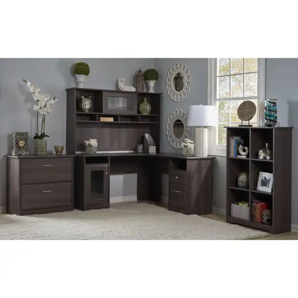 Cabot L Shaped Desk with Hutch, 6 Cube Bookcase and Lateral File Cabinet