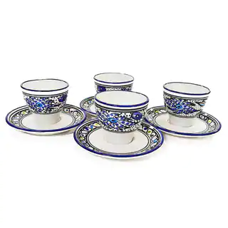 Le Souk Ceramique Set of 4 Aqua Fish Design Tea/ Espresso Cup and Saucers (Tunisia)