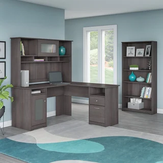 Bush Furniture Cabot L-Desk with Hutch and 5 Shelf Bookcase