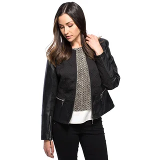 Women's Tonal Banded Jewel Neck Waisted Zip Front Jacket with PU Detail