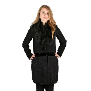 Vera Wang Woman's Black Faux Fur Vera Mixed Media Wool Coat