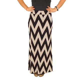 Fold over Waist Full Length Black Beige Chevron Maxi Skirt