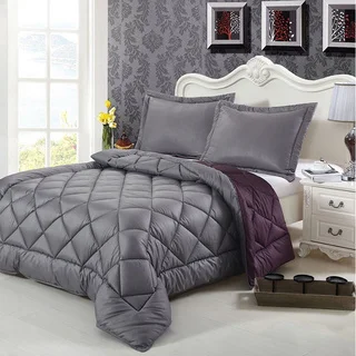 HCI Hand Crafted Brushed Velvet Down Alternative Reversible Excalibur Grey and Blacberry Twin Comforter Set