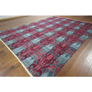 One of a Kind Blue & Red Modern Ikat Hand-knotted H8783 Wool Area Rug (9' x 12')