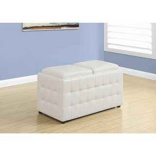 White Leather-Look Ottoman with Storage Trays, 32 Inches Long