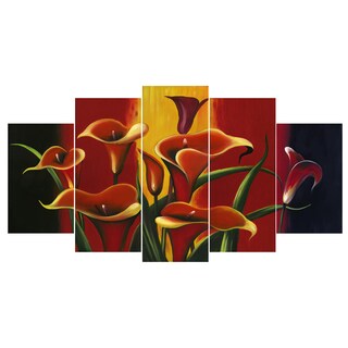 Design Art 'Red Lilies' Floral Canvas Art Print - 60x32 Inches - 5 Panels