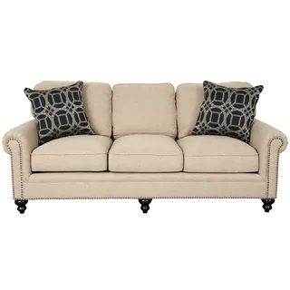 Porter Isabelle Cream Linen Look Sofa with Woven Accent Pillows and Nail Head Trim