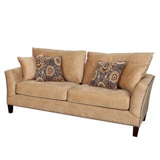 Porter Southern Accent Camel Microfiber Sofa with Nail Head Trim and Woven Ikat Accent Pillows