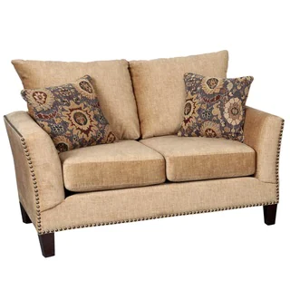 Porter Southern Accent Camel Microfiber Loveseat with Woven Ikat Accent Pillows and Nail Head Trim