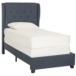 Safavieh Blanchett Navy Linen Upholstered Tufted Wingback Bed (Twin)