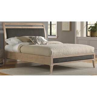 Fashion Bed Group B7155 Delano Washed White Wooden Platform Bed with Sleigh-Style Upholstered Headboard