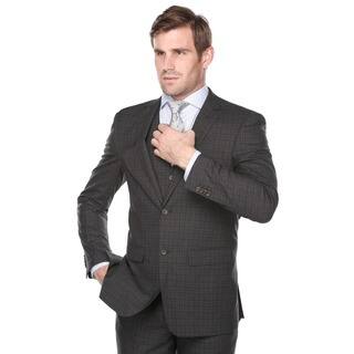 Rivelino Men's Dark Grey and Burgundy Plaid Italian Styled Three Piece Suit