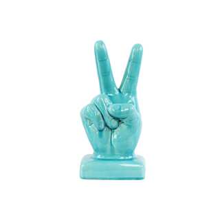 Ceramic Gloss Finish Cyan "Peace" Hand Sign Decor on Base