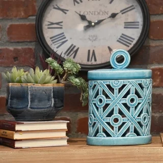 Ceramic Gloss Finish Cyan Small Round Canister with Ring Handle and Cutout Cross Design