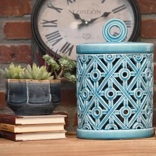 Ceramic Gloss Finish Cyan Large Round Canister with Ring Handle and Cutout Cross Design