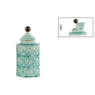 Glossy Light Blue Finish Ceramic Cylindrical Canister with Embossed Pattern, Step Lid and Spherical Handle Small