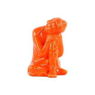 Glossy Orange Finish Ceramic Sitting Buddha with Rounded Ushnisha and Head Resting on Knee Figurine