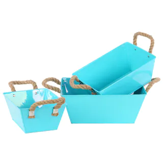 Light Blue Coated Finish Zinc Rectangular Tapered Bottom Bucket with Rope Handles (Set of 3)