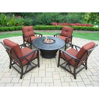 Premium Carolton 5-piece Chat set with 48-inch Round Fire Pit Table, Burner system, Cover, 4 Rocking Chairs, and Cushions