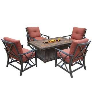 Florence Premium 5-piece Red Lava Rock Gas Firepit Table Chat Set with 4 Cushioned Rocking Chairs