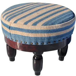 Herat Oriental Indo Cotton & Wool Upholstered Wooden Round Footstool (India)