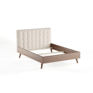 Baxton Studio Alinia Mid-century Retro Modern Light Beige Fabric Upholstered Walnut Wood Full or Queen Size Platform Bed
