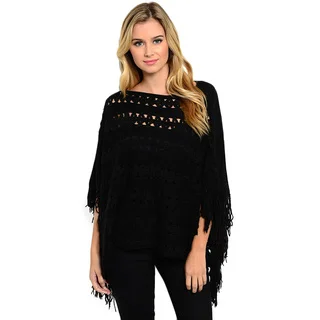 Shop the Trends Women's Open-Knit Poncho Style Pullover with Fringe Trim and Boat Neckline