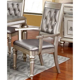 Glamorous Design Metallic Platinum Dining Arm Chairs with Rhinestone Tufted Buttons (Set of 2)