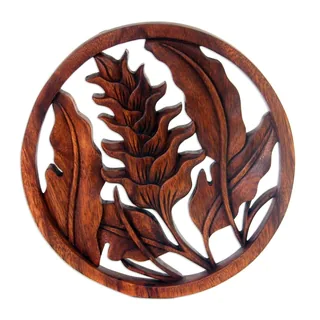 Handcrafted Suar Wood 'Proud Heliconia' Relief Panel (Indonesia)